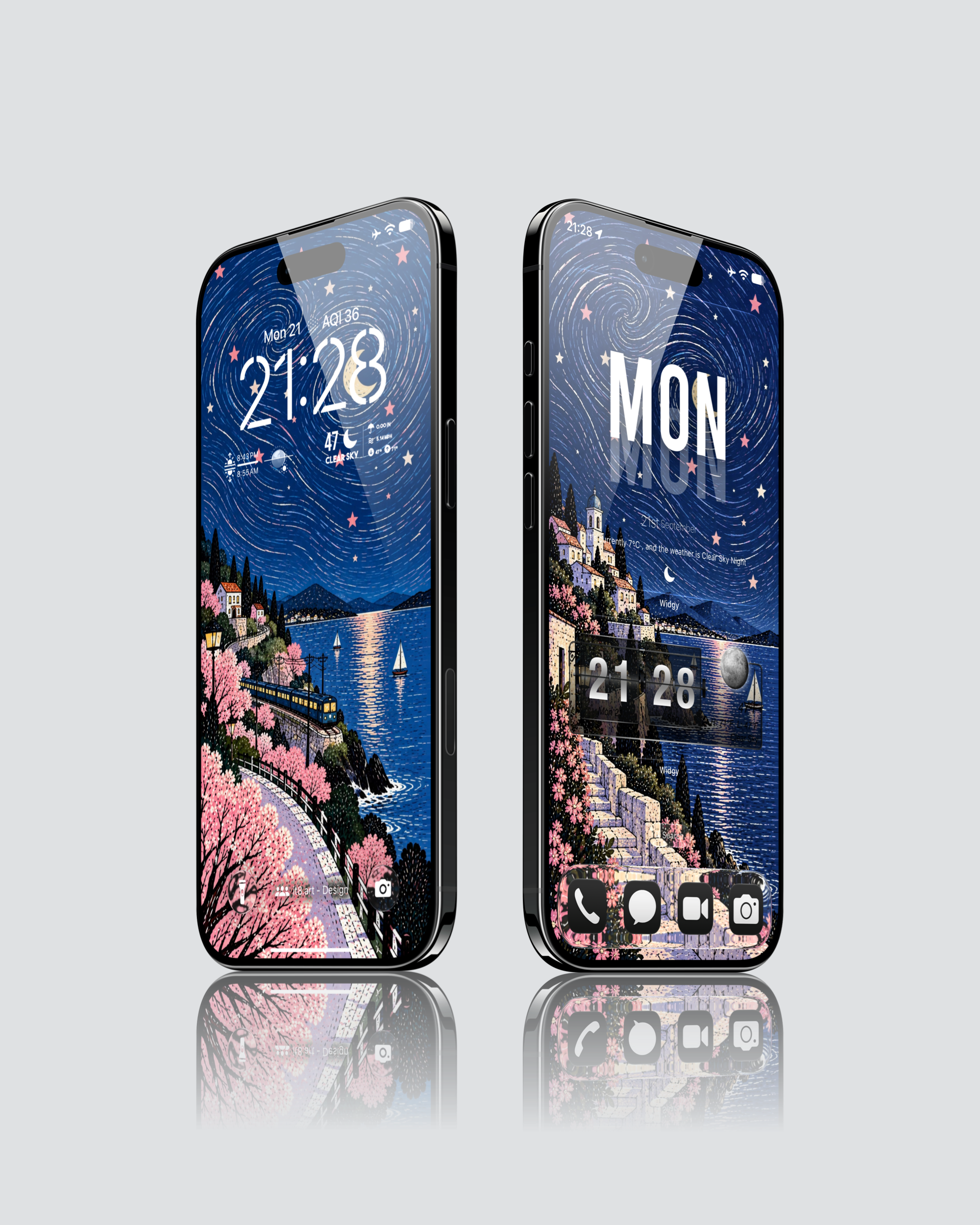 Blue starry night iPhone 18 Pro wallpaper with cherry blossoms and a dreamy mountain lake