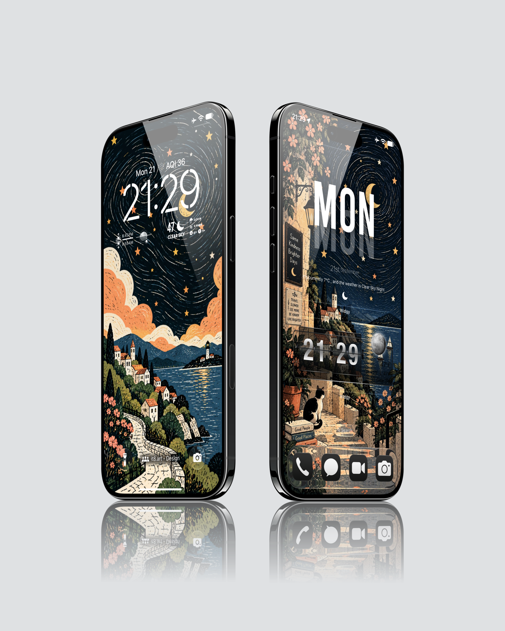 Cozy starry night iPhone 18 Pro wallpaper with a hand-drawn lakeside village