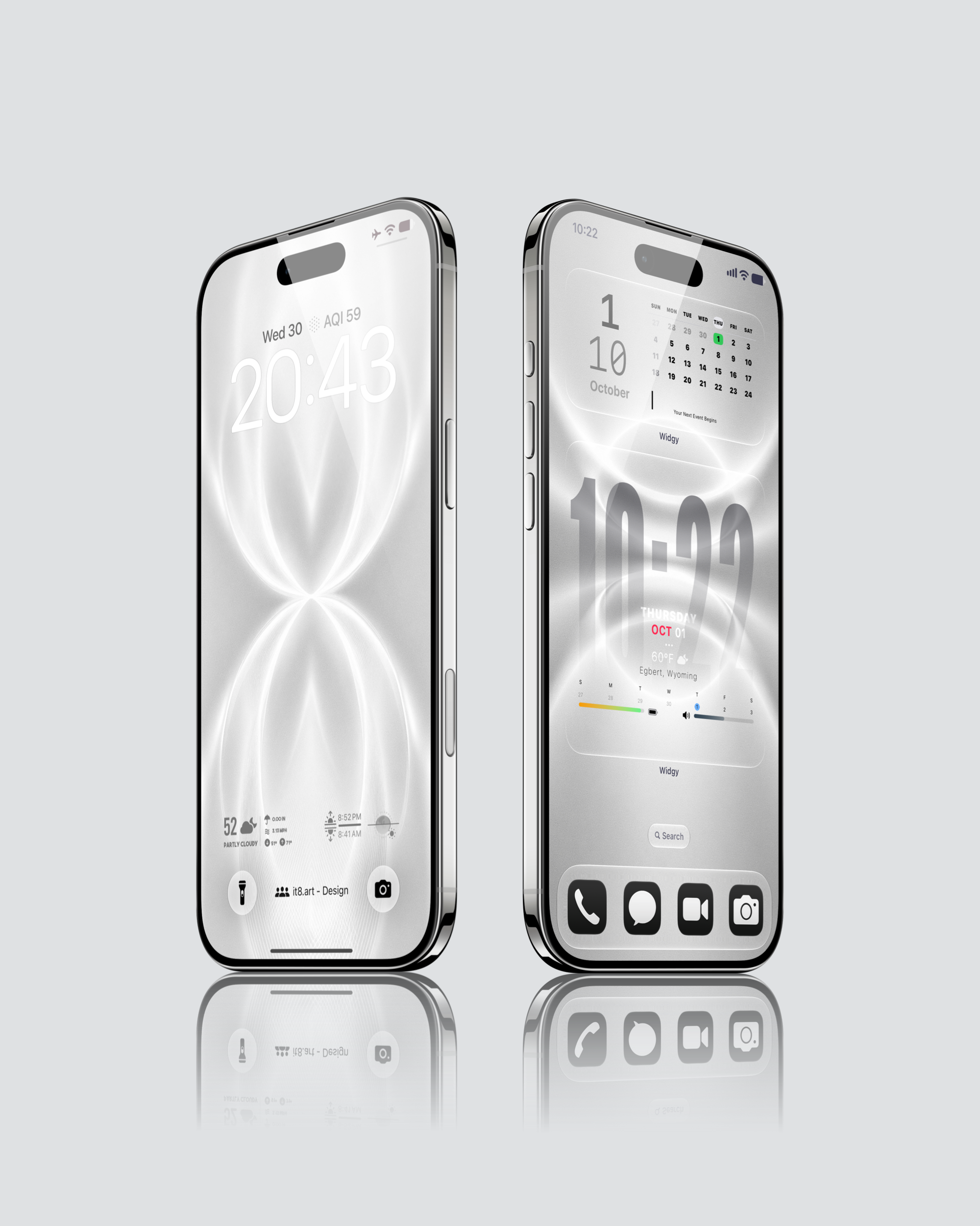 Light gray iPhone wallpaper with elongated white loops, shown on a Lock Screen and a Home Screen with calendar widgets