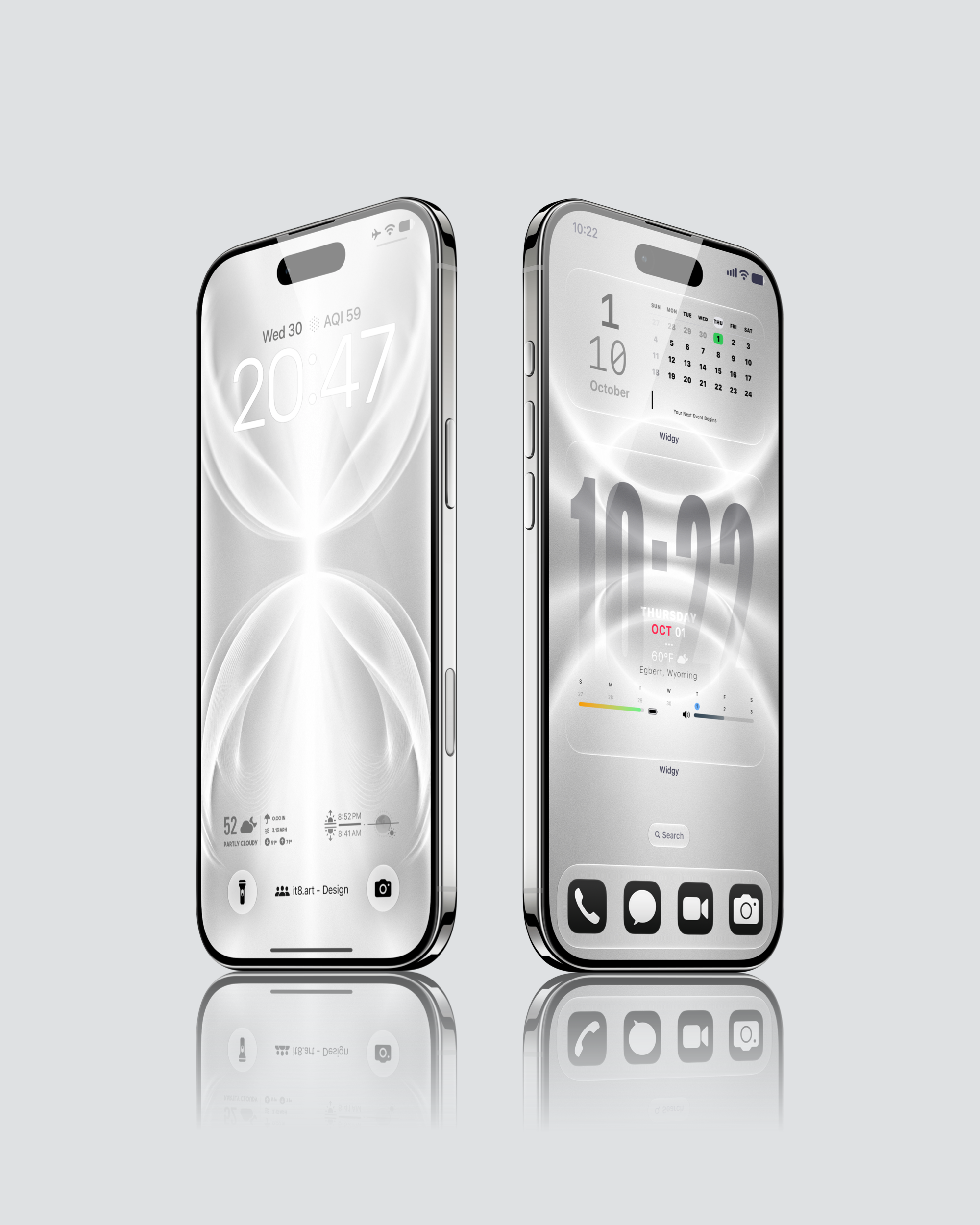 White oval light forms on a gray iPhone Lock Screen beside a matching Home Screen with calendar and clock widgets