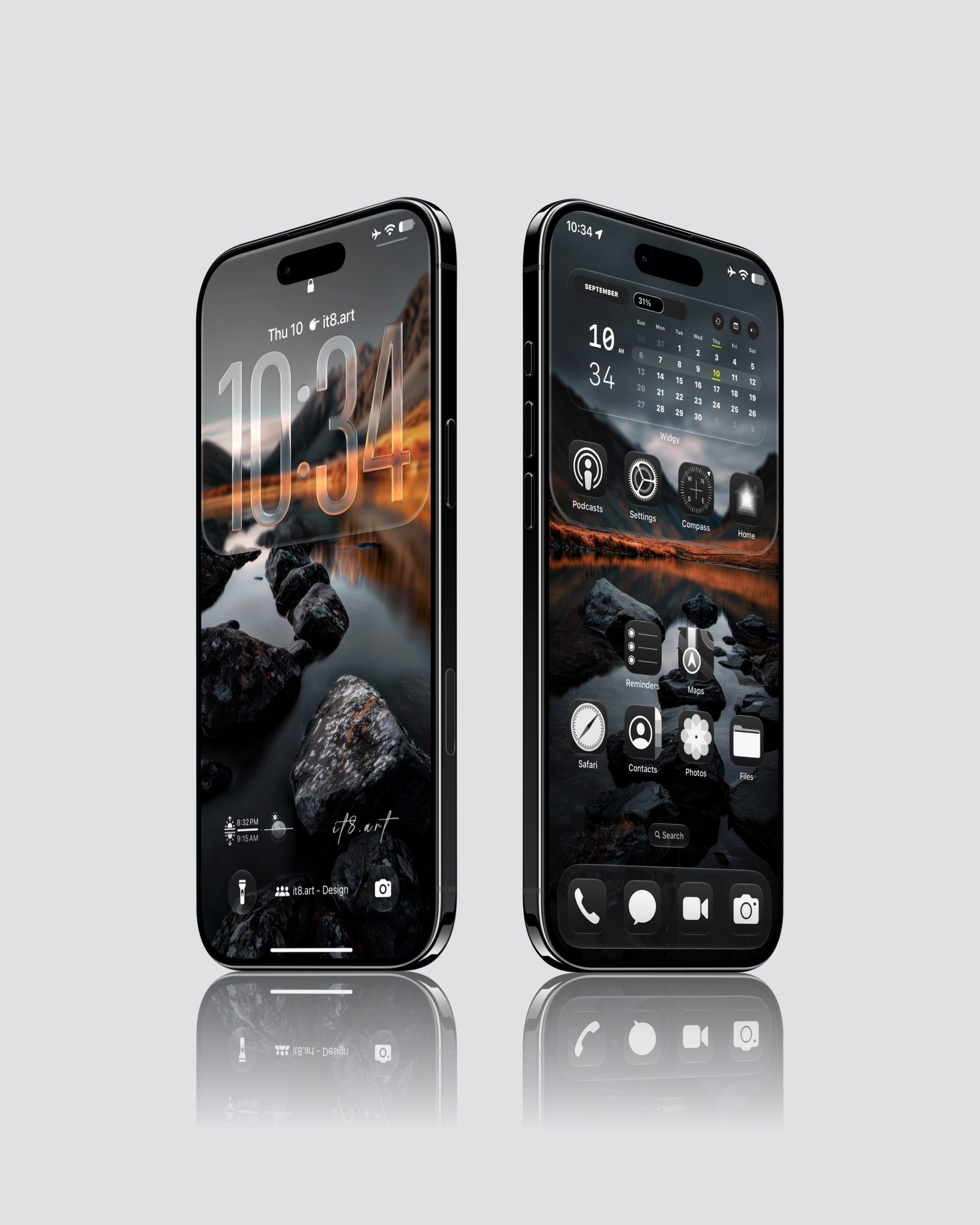 iOS 27 Liquid Glass dark aesthetic iPhone wallpaper with lake and rocks