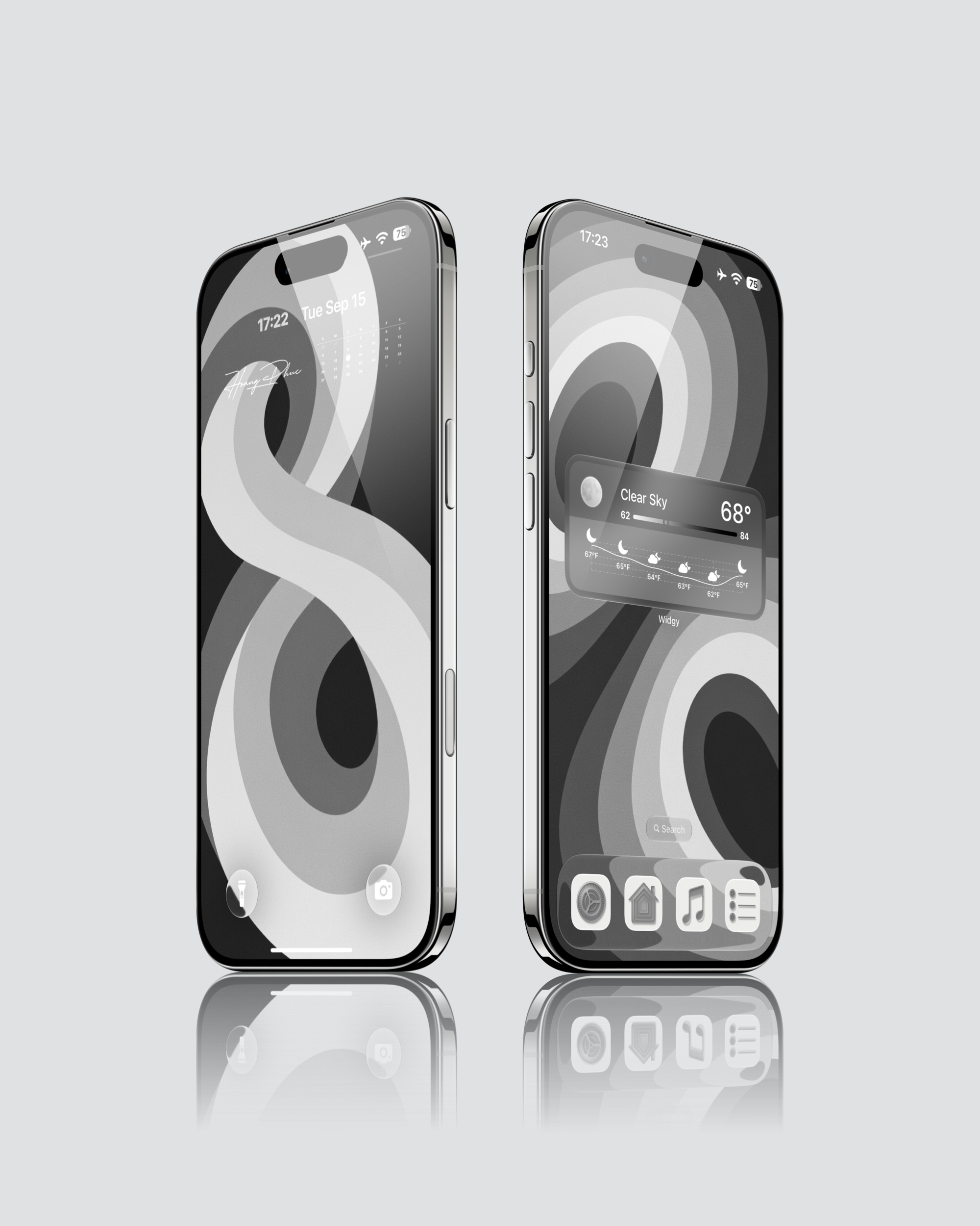 iPhone Lock Screen and Home Screen previews with looping black, white and gray ribbons