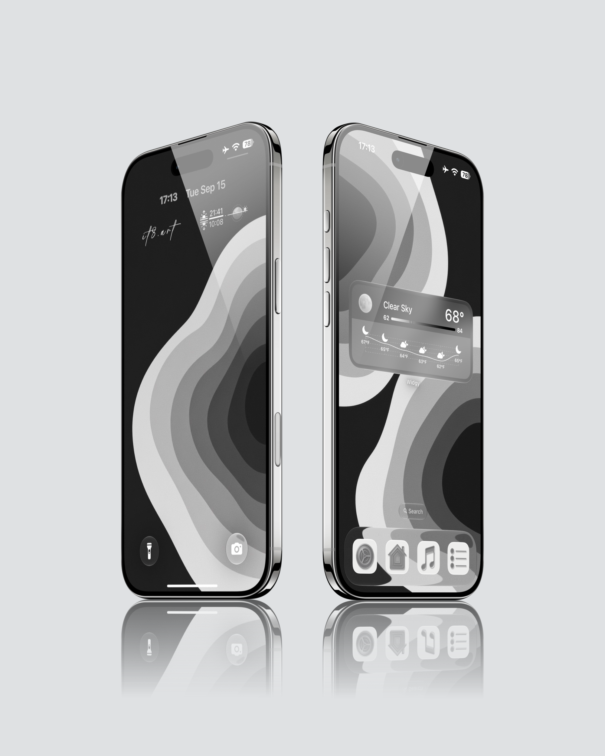 iPhone wallpaper previews with monochrome flowing wave bands and a weather widget