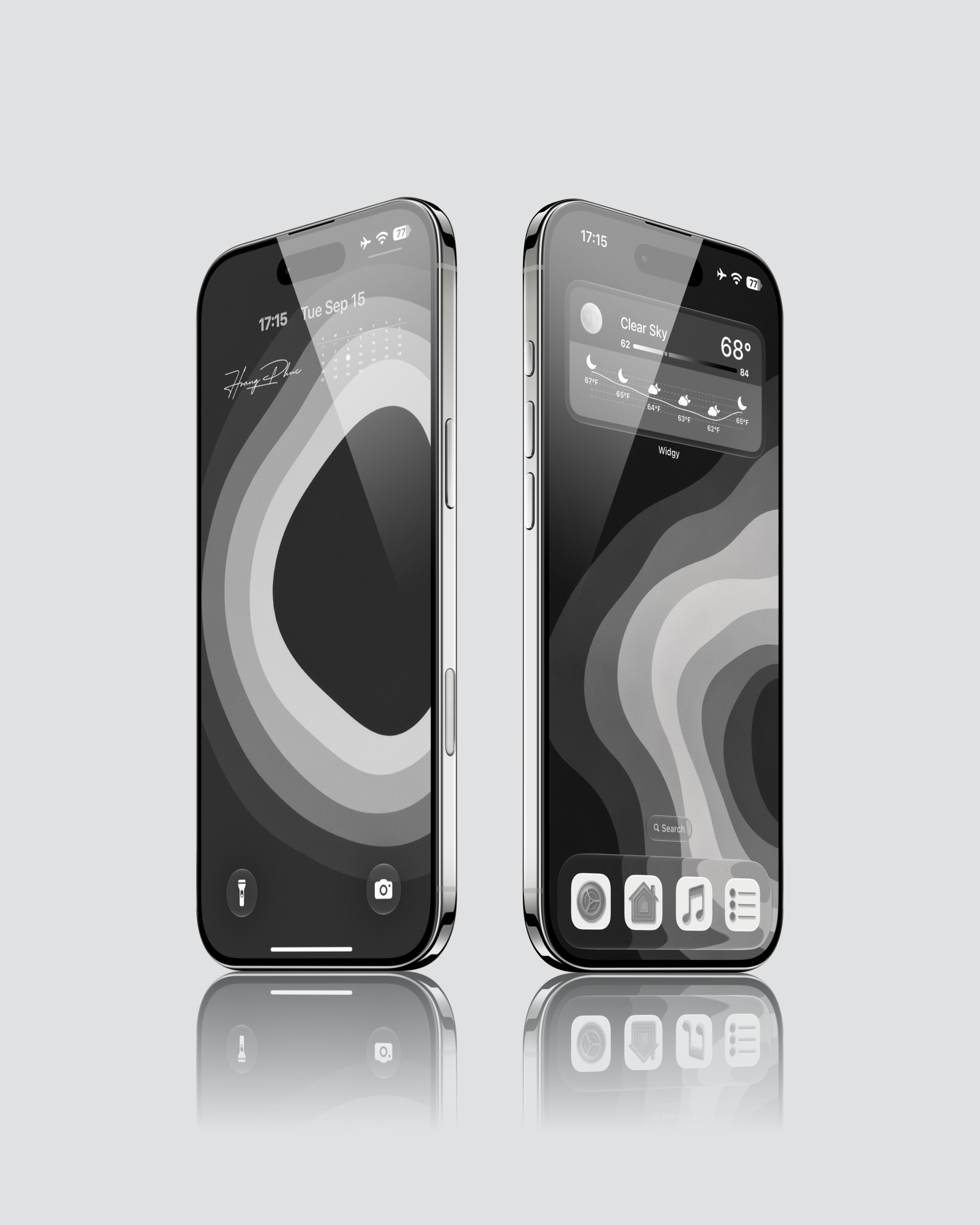 iPhone wallpaper previews with an open grayscale ring and curved wave bands