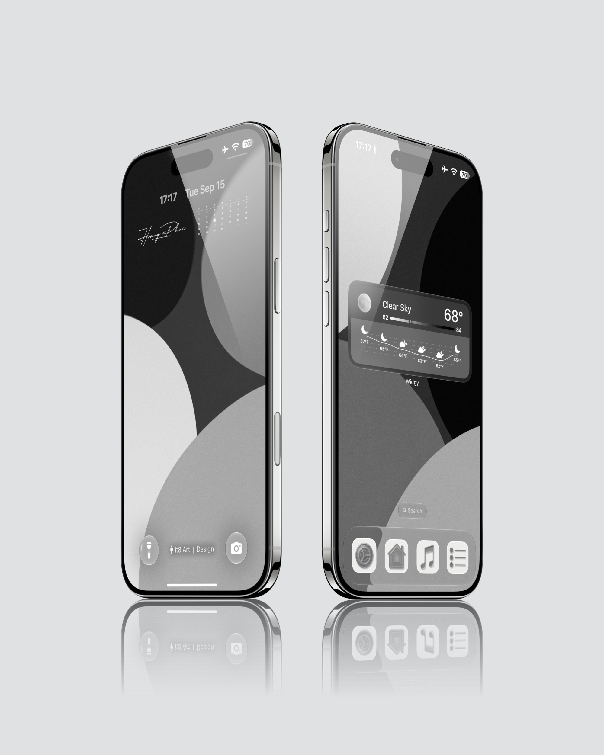 iPhone wallpaper previews with large overlapping black, white and gray circular forms