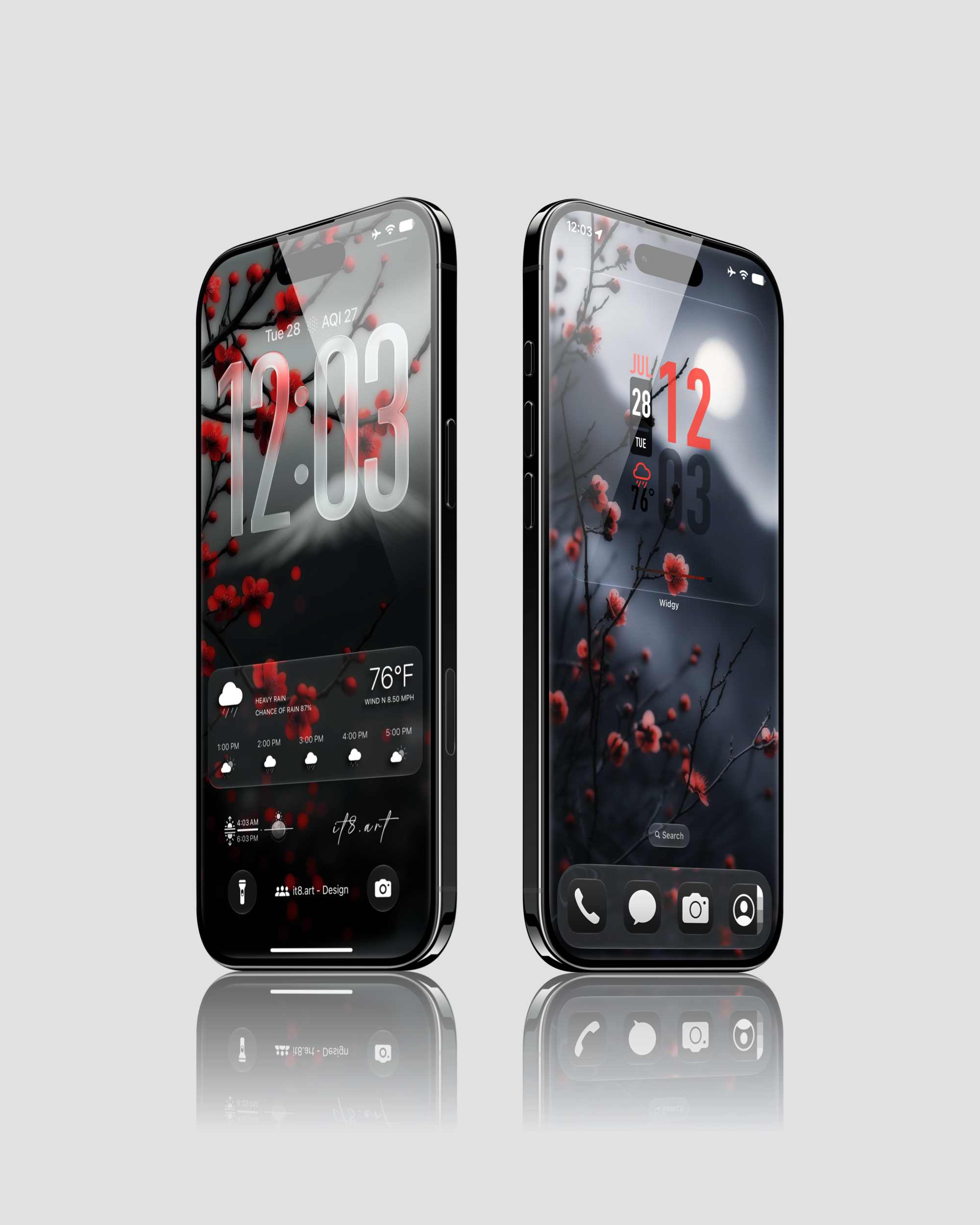 iPhone wallpaper with crimson plum blossoms and dark winter branches