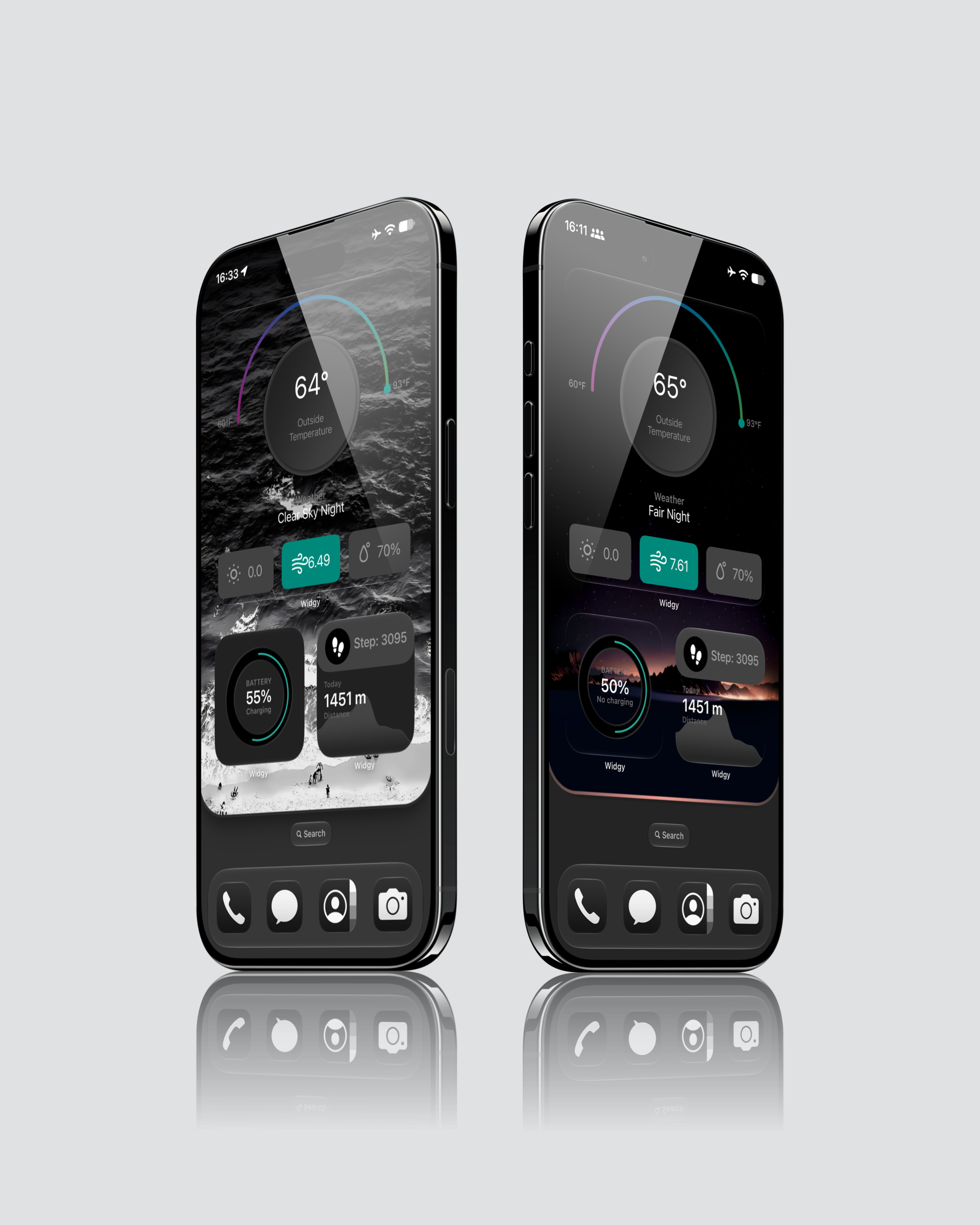 Dark iPhone home screen with weather battery fitness widgets and matching wallpapers