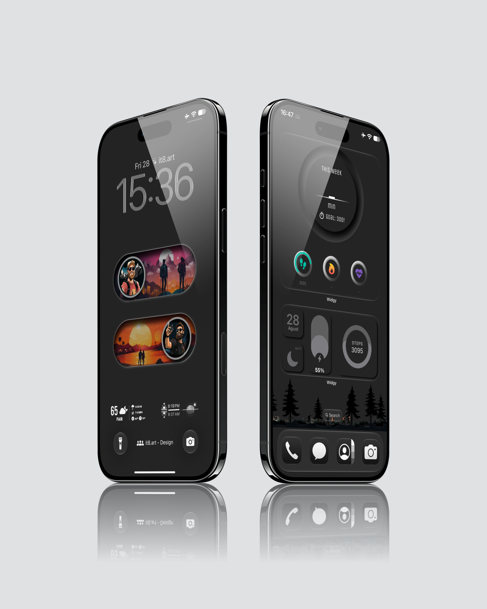 Black iPhone wallpaper and widget setup with fitness weather and temperature widgets