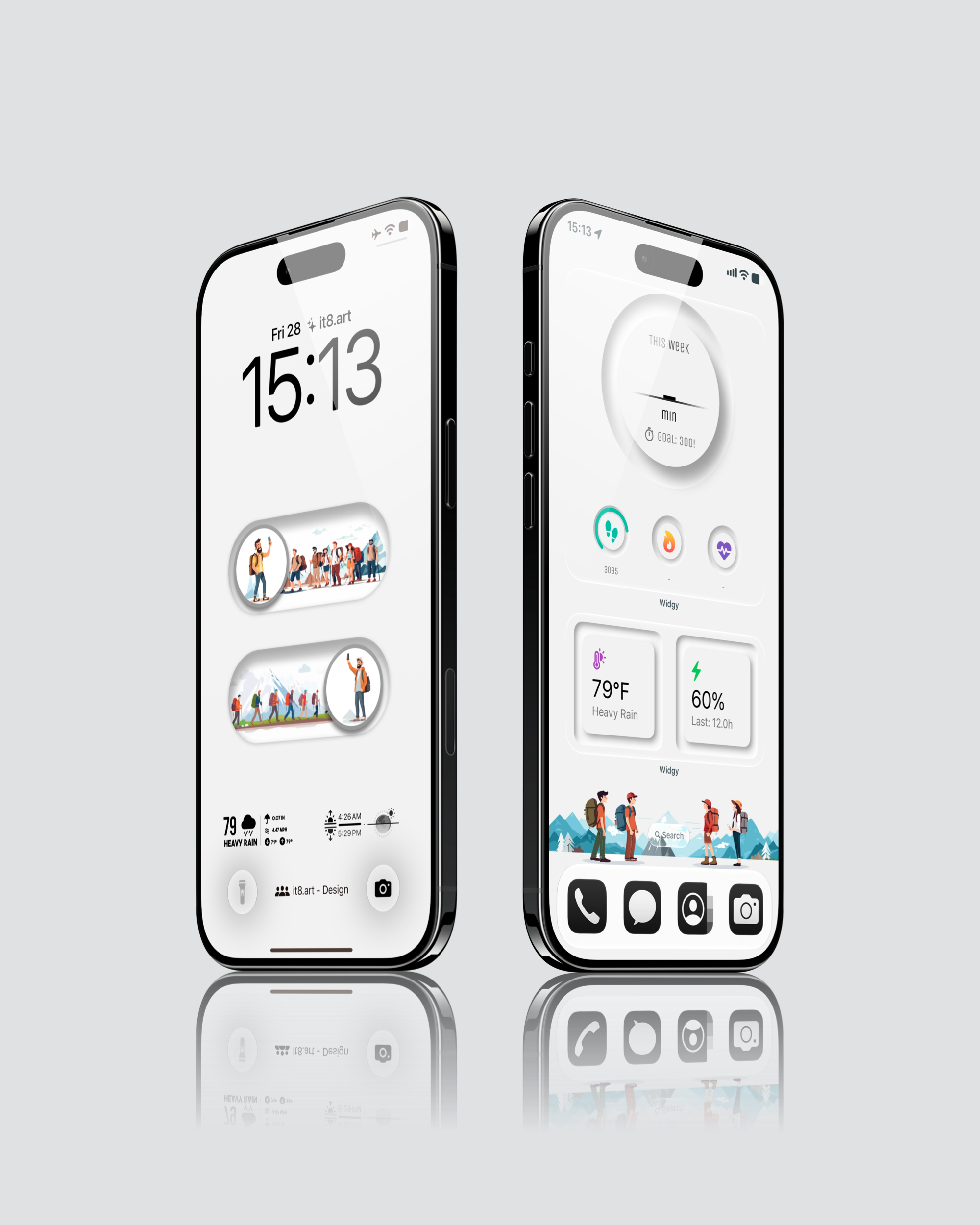 Minimal white iPhone home screen with weather battery fitness widgets and illustrated wallpapers