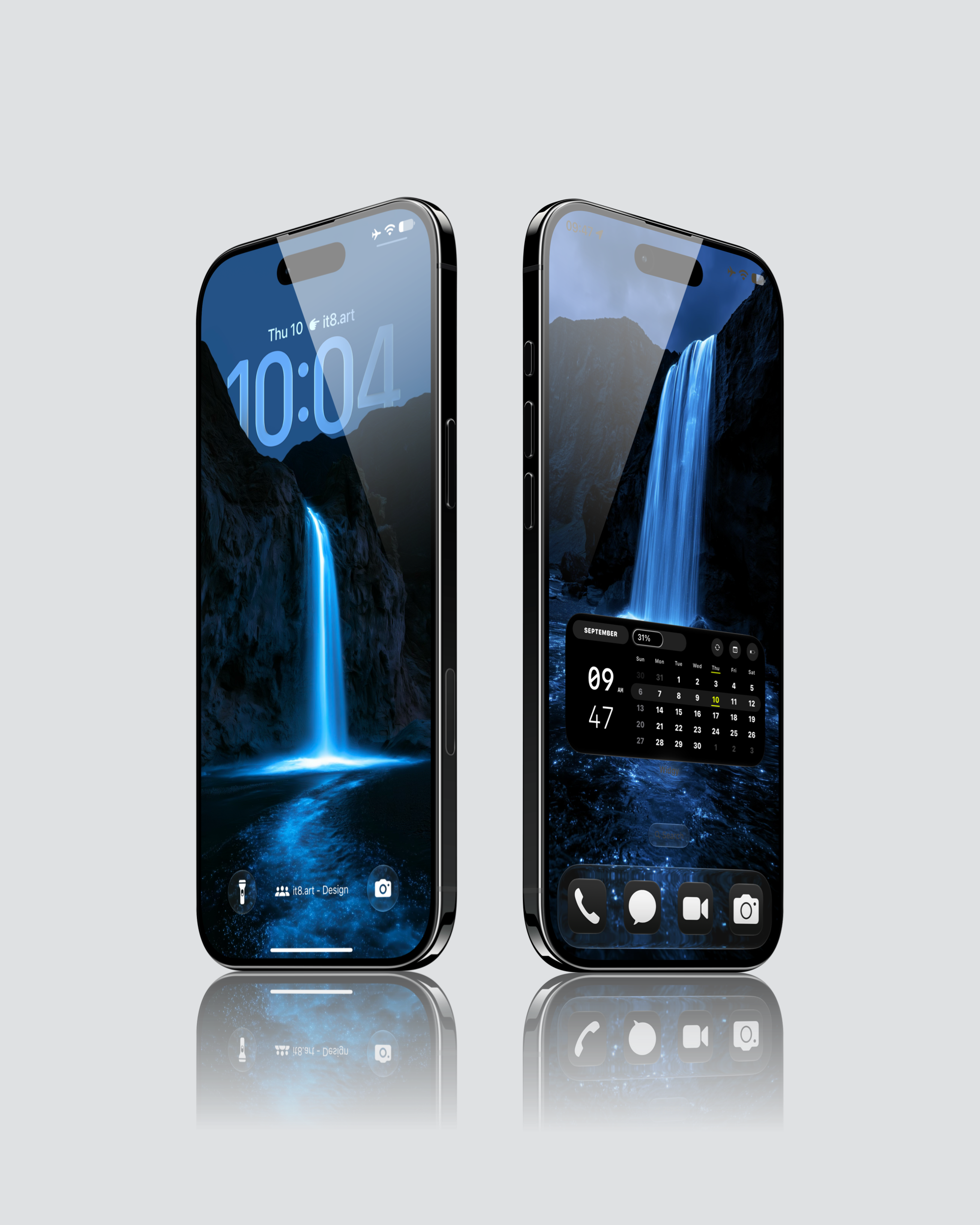 Tall glowing blue waterfall flowing between dark rocky cliffs, Midnight Cascade iPhone wallpaper pack