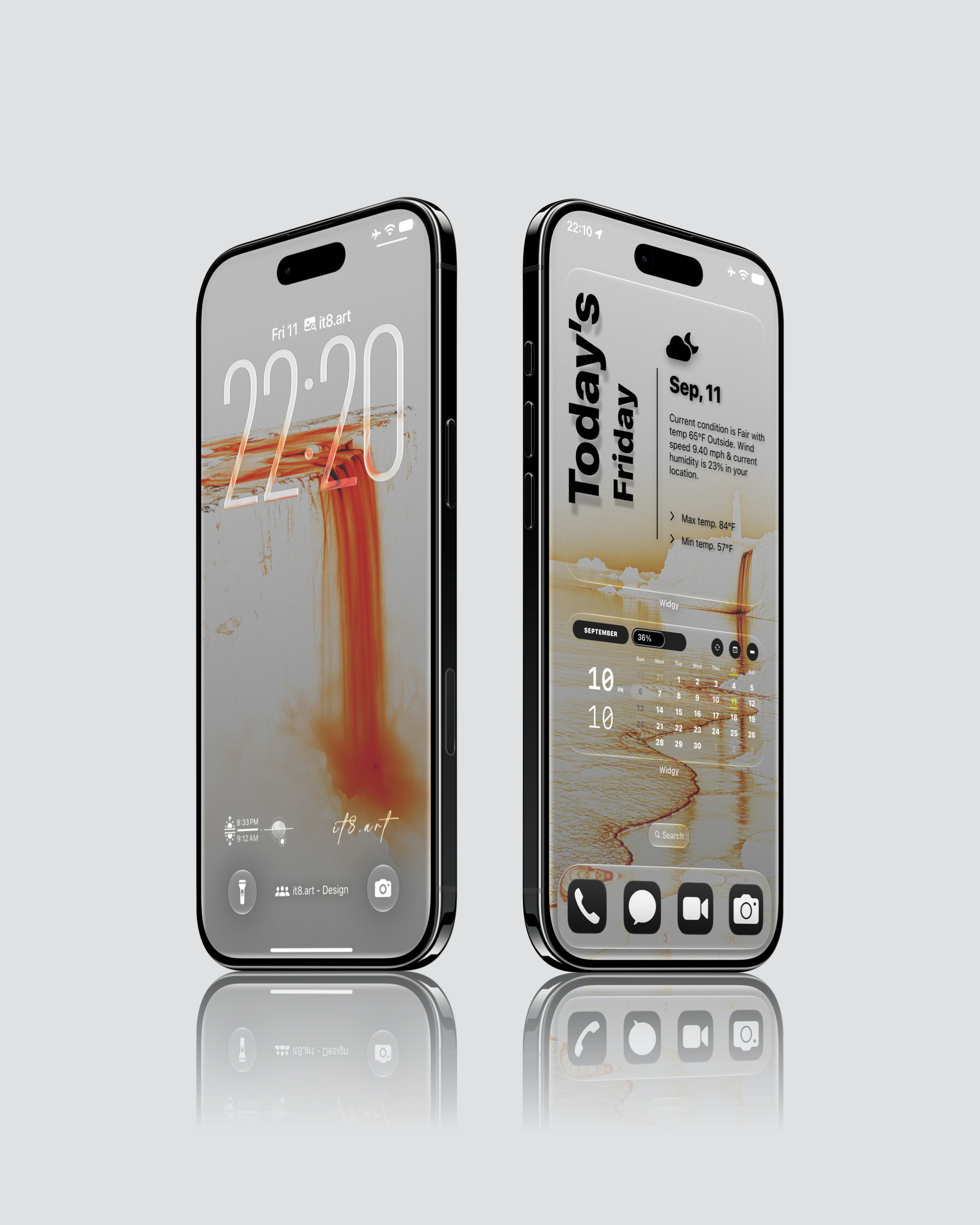 Orange waterfall aesthetic iPhone wallpapers with minimal glass effect