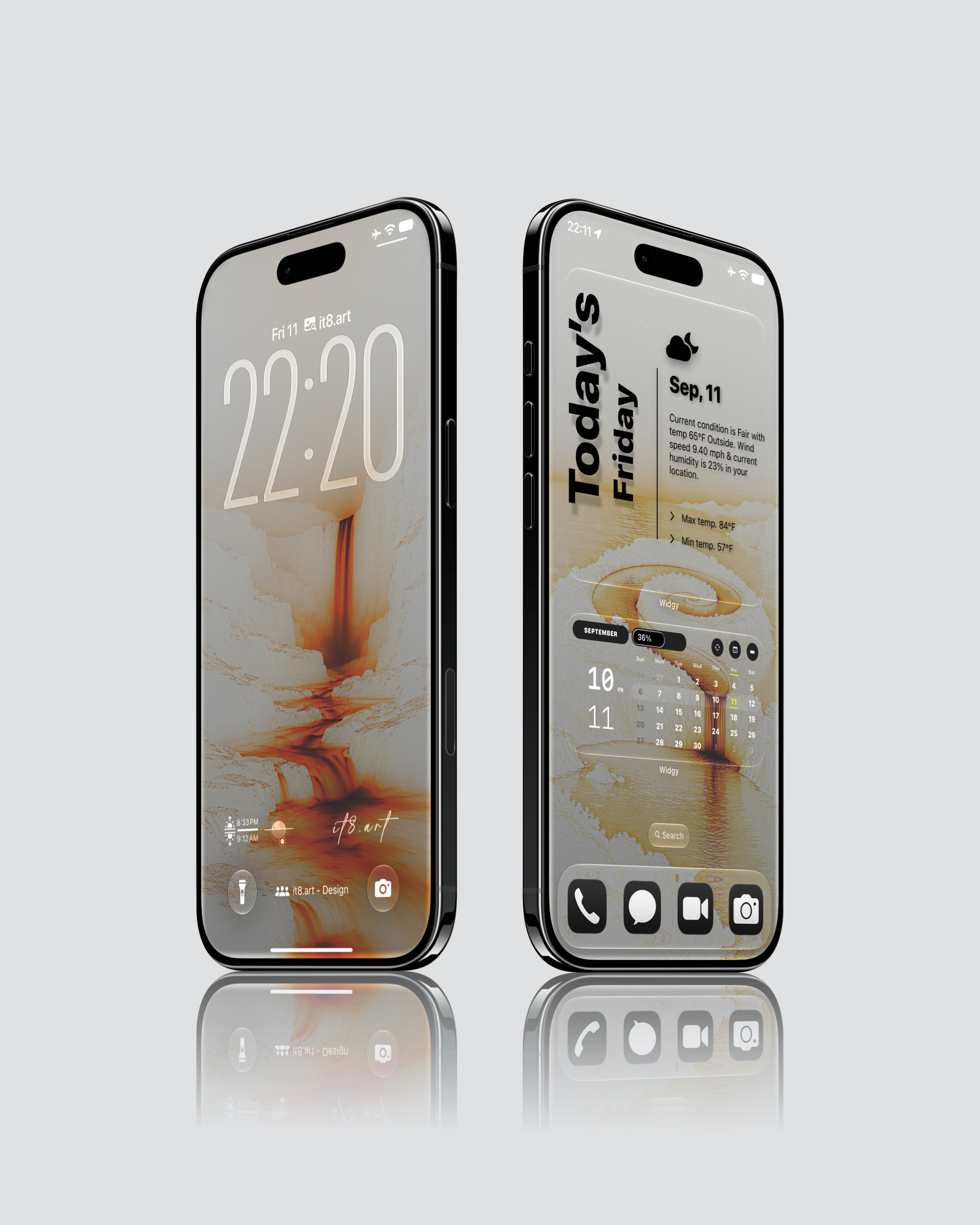 Golden abstract landscape iPhone wallpapers with frosted glass edge design