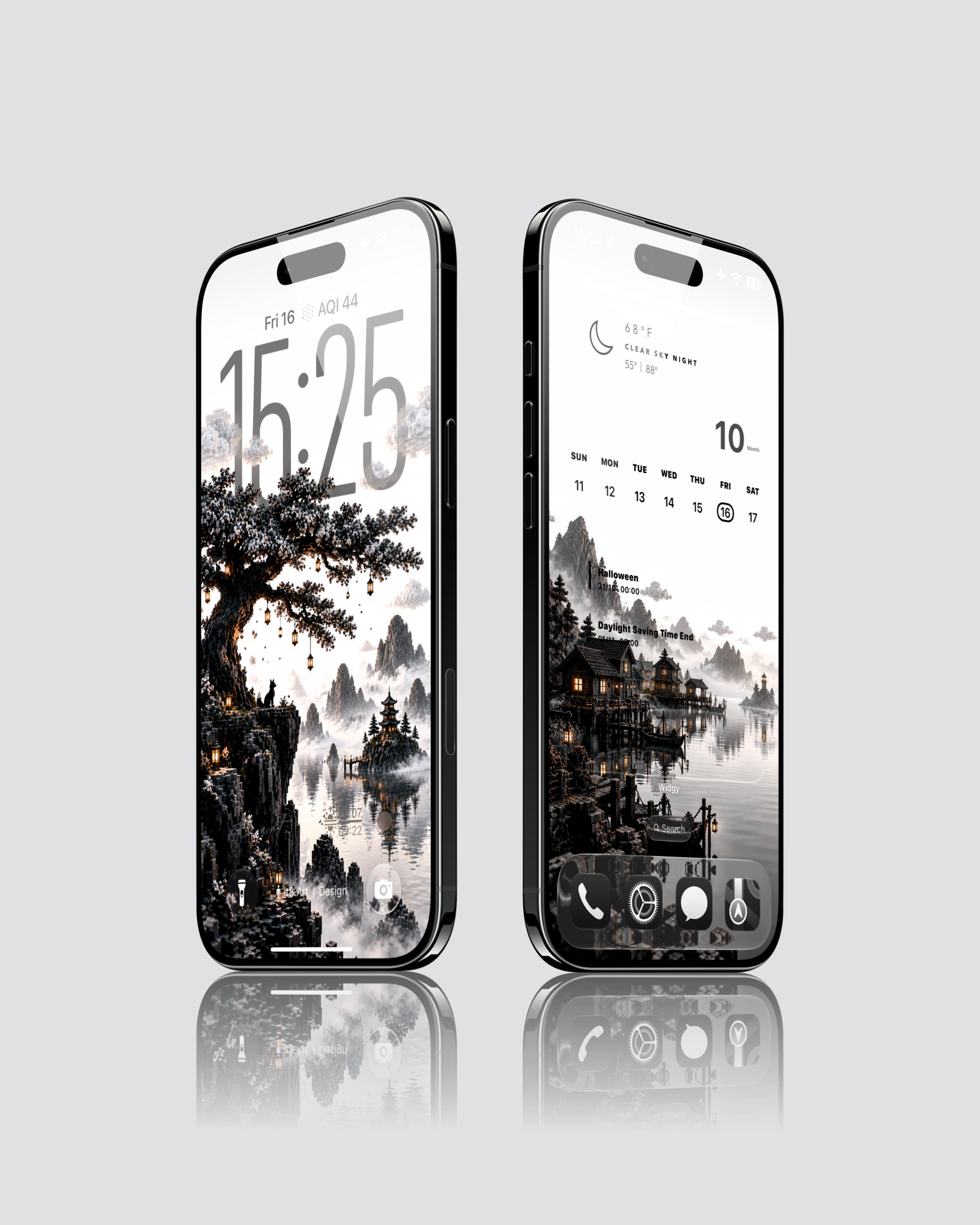 iPhone Lock Screen and Home Screen previews with a voxel tree, lanterns and a misty lakeside village