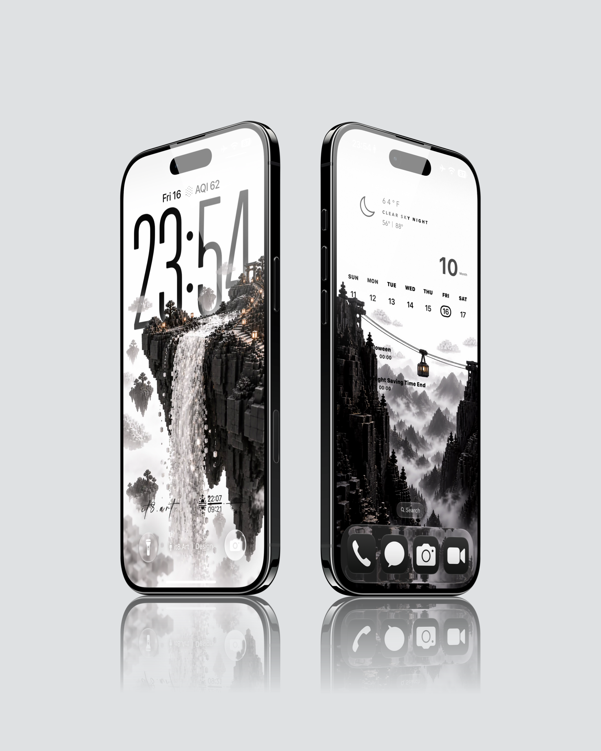 iPhone Lock Screen and Home Screen previews with a voxel waterfall and cable car above misty cliffs