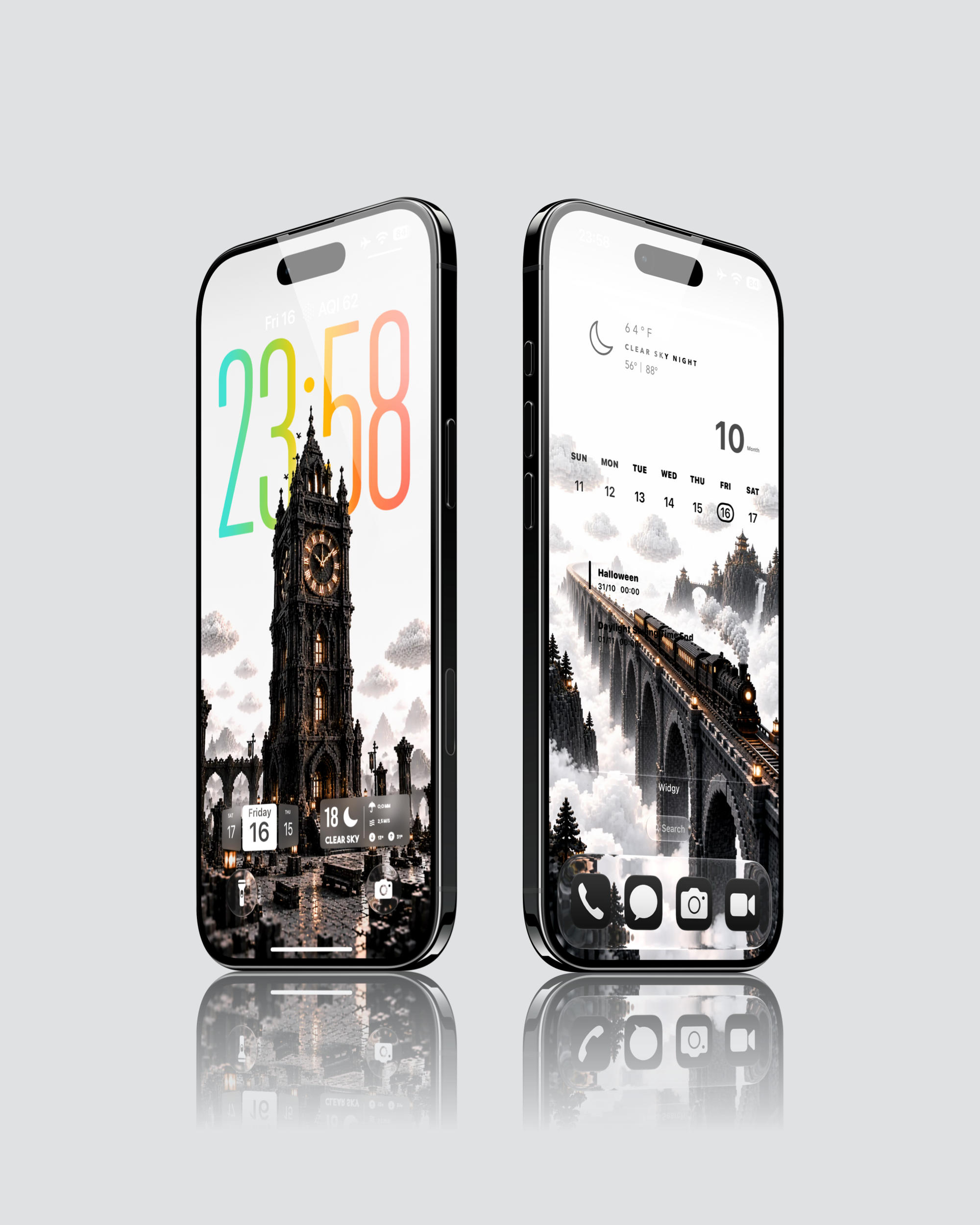 iPhone Lock Screen and Home Screen previews with a voxel clock tower and steam train on a stone bridge