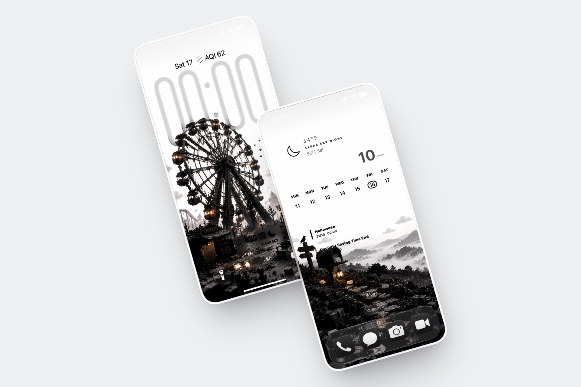 3D voxel art iPhone wallpapers by it8.art featuring a vintage Ferris wheel, glowing lights, and a misty monochrome landscape