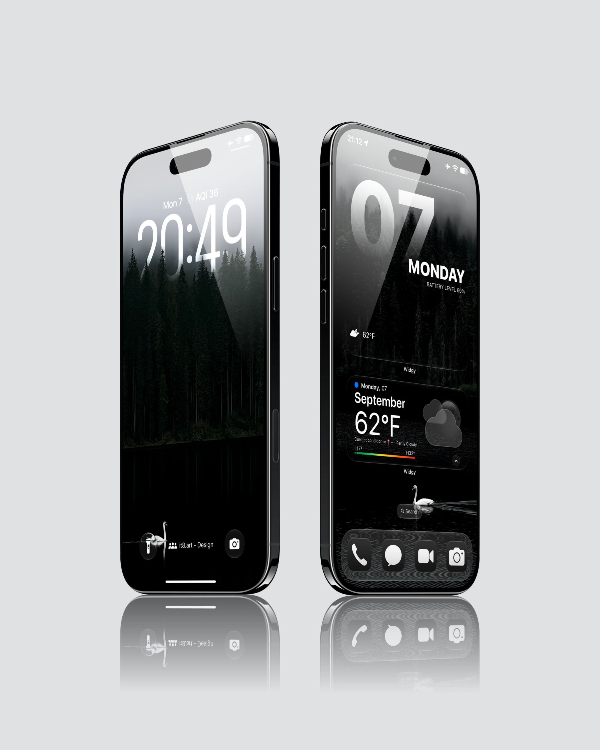 iPhone Lock Screen and Home Screen previews with a white swan on a dark lake below a foggy pine forest