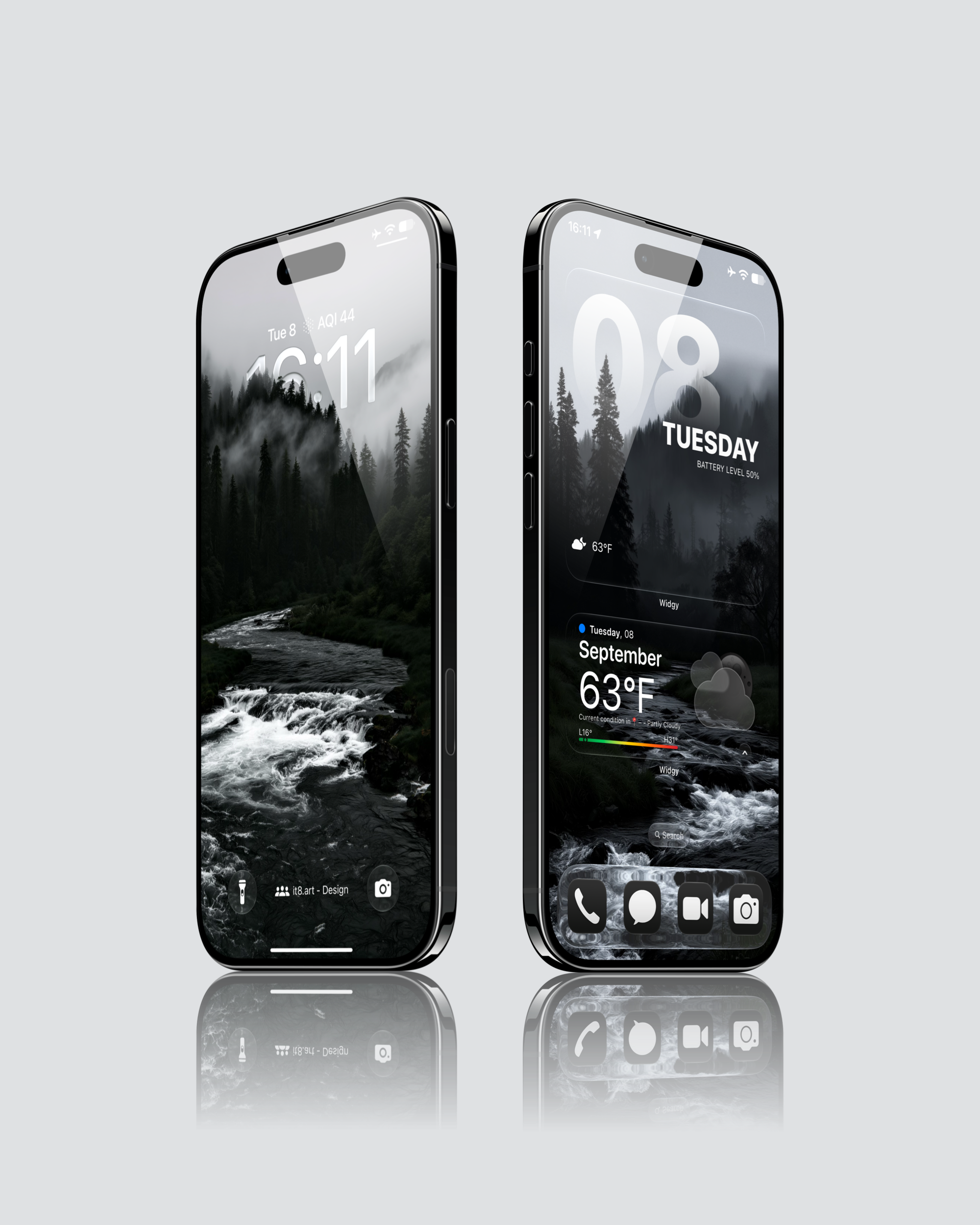 iPhone wallpaper previews featuring a rocky forest stream beneath mist-covered evergreen trees