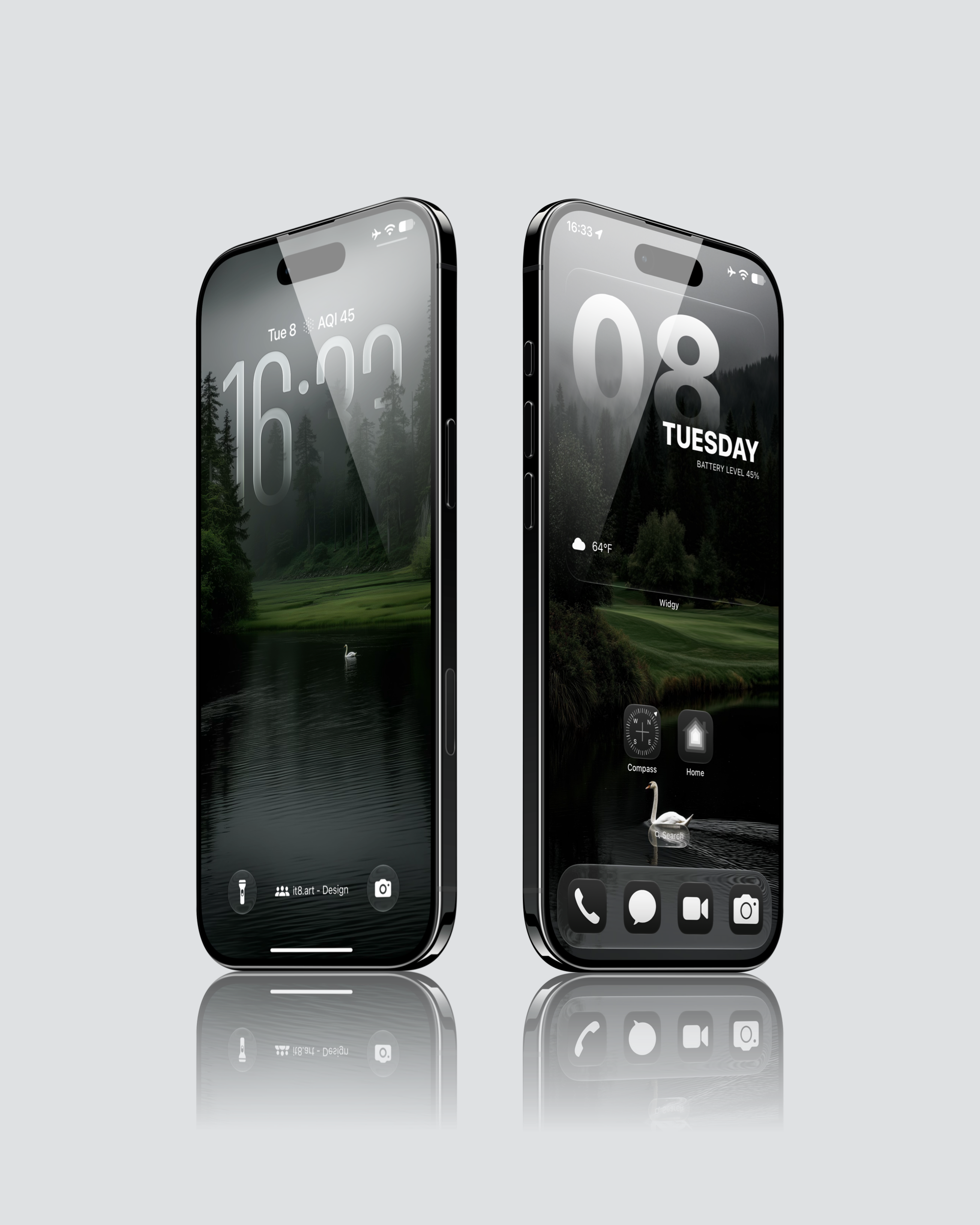 iPhone wallpaper previews showing a swan on a dark lake beside a misty evergreen forest