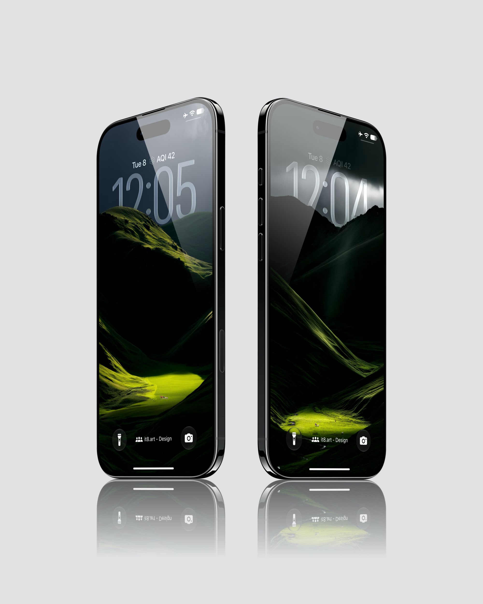 iPhone Lock Screen previews with shadowed mountain valleys and sunlit green slopes