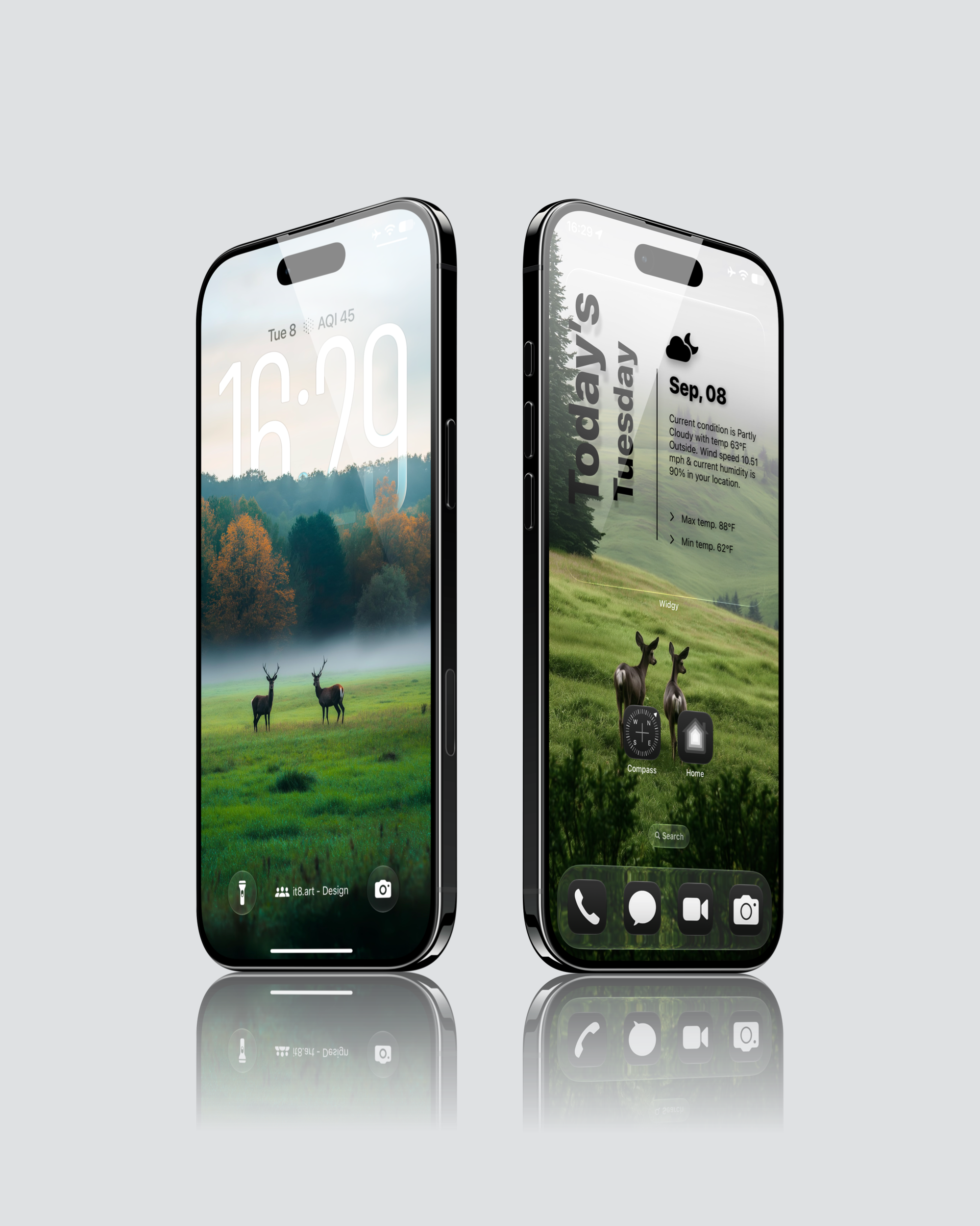 iPhone wallpaper previews with deer in green meadows, autumn trees, and low morning mist