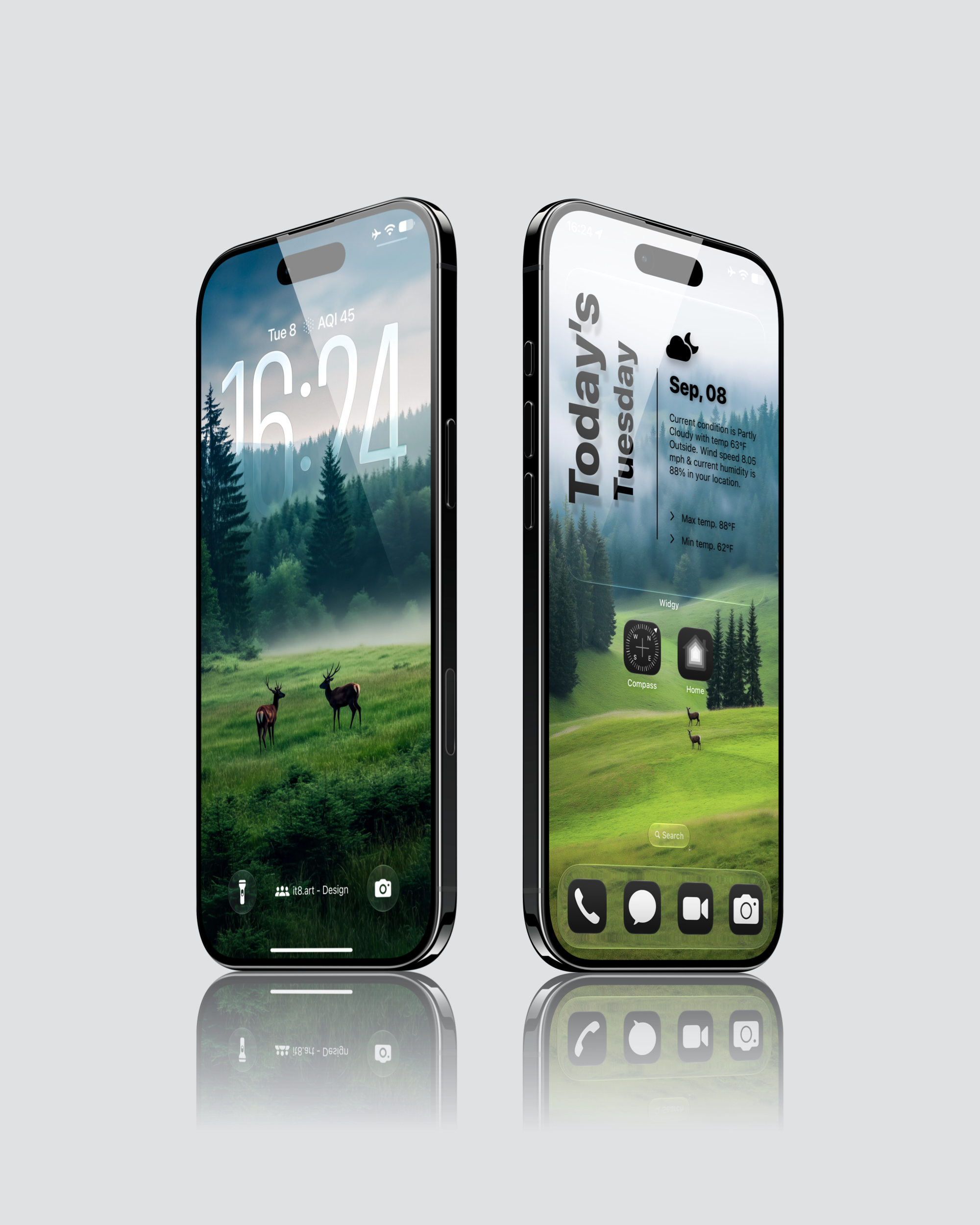 iPhone wallpaper previews showing deer on green hills surrounded by pine forests and fog