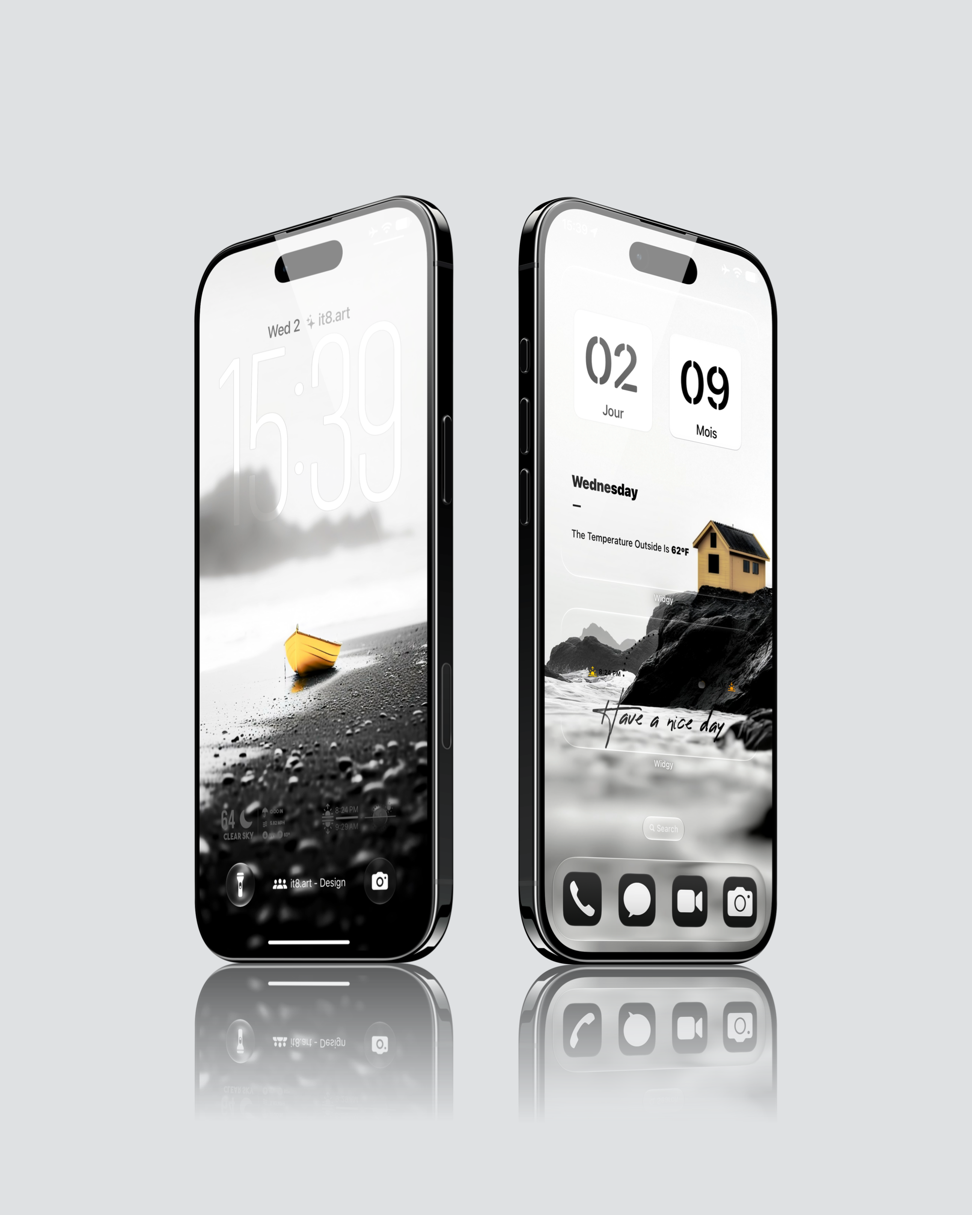 Monochrome coastal iPhone setup with yellow boat and house