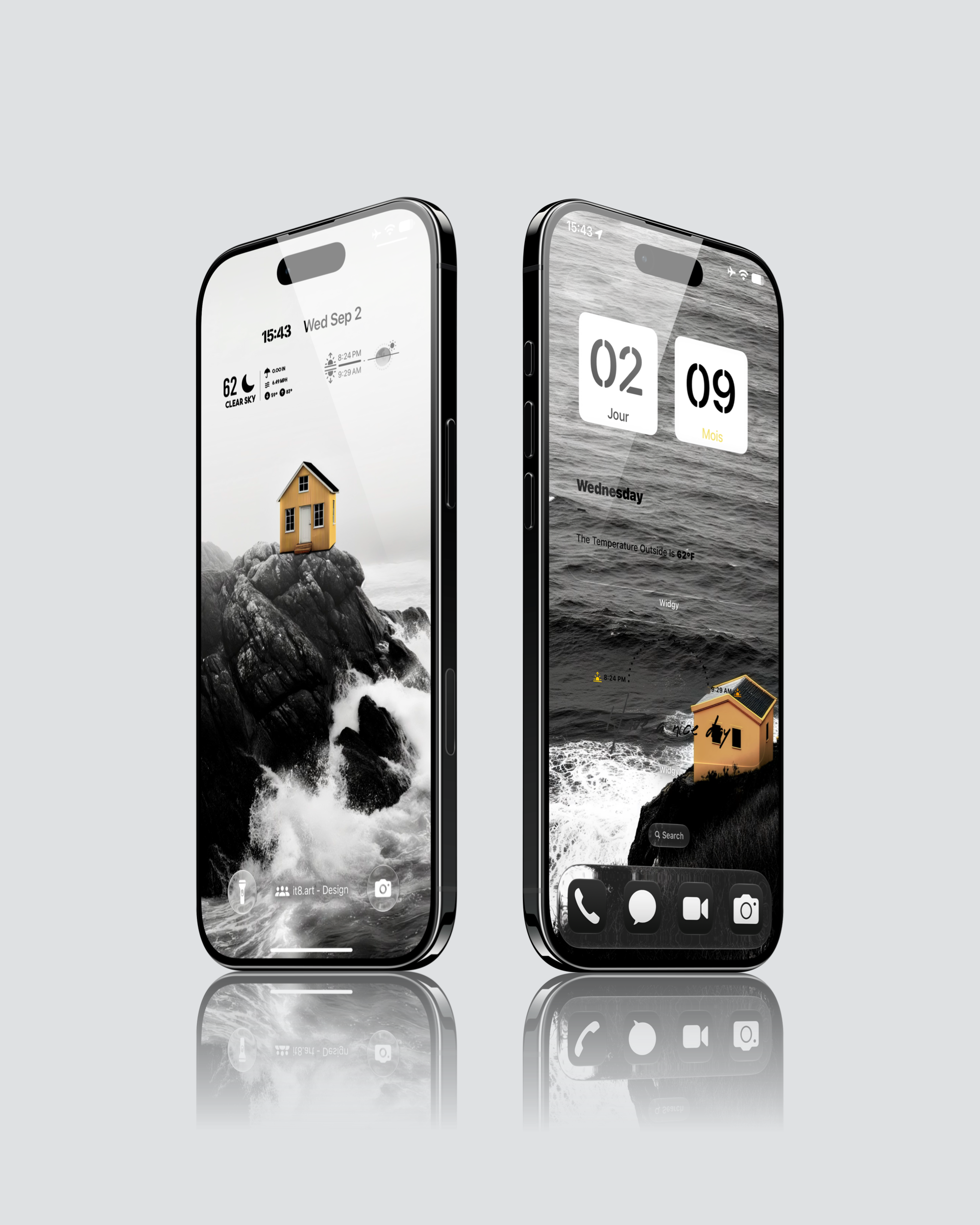 Black and white ocean iPhone setup with yellow coastal house